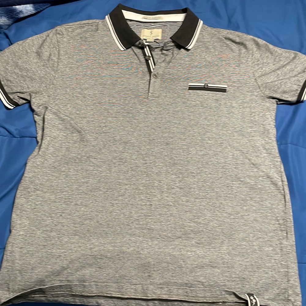 White black striped collared shirt by Scott James. Large. Never worn.